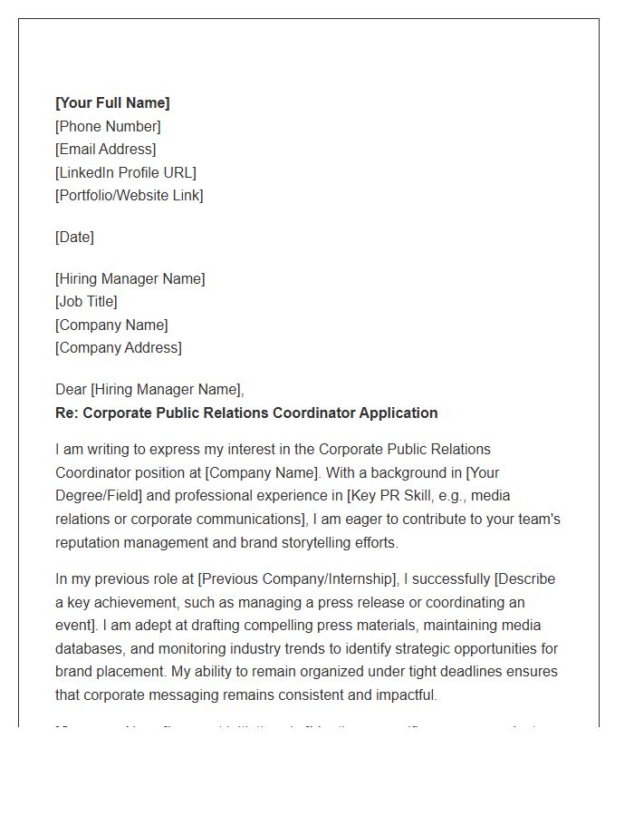 Corporate Public Relations Coordinator Cover Letter Template