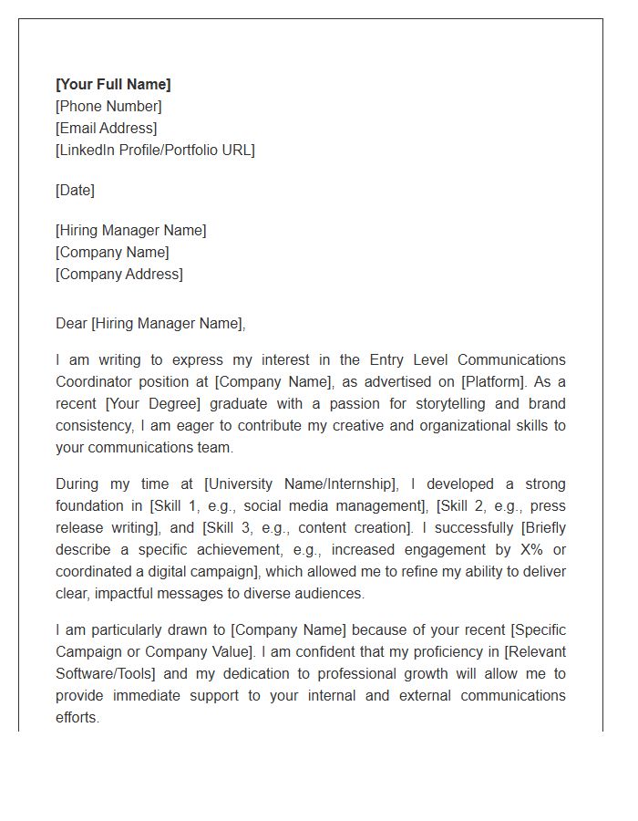 Entry Level Communications Coordinator Cover Letter Template