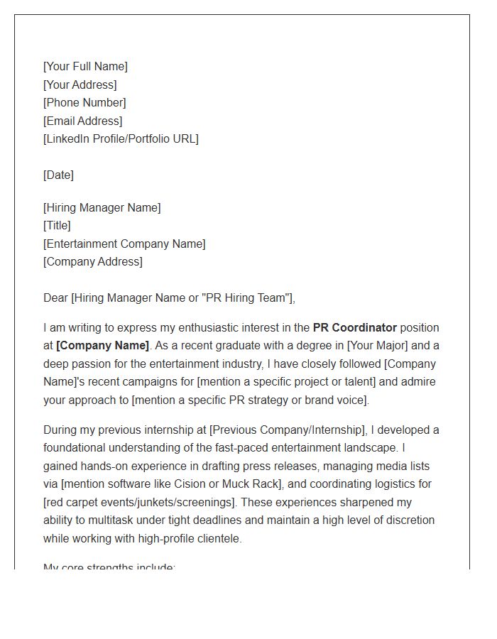 Entry Level Entertainment PR Coordinator Cover Letter Template