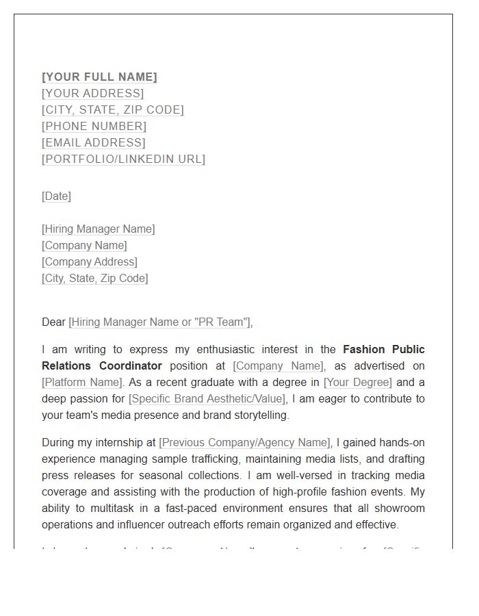 Entry Level Fashion Public Relations Coordinator Cover Letter Template