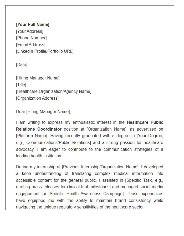 Entry Level Healthcare Public Relations Coordinator Cover Letter Template