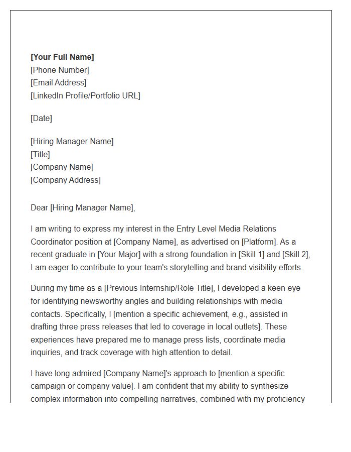 Entry Level Media Relations Coordinator Cover Letter Template