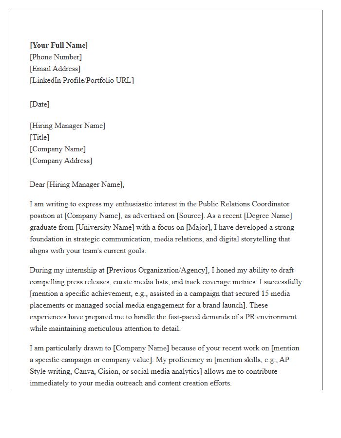Entry Level Public Relations Coordinator Cover Letter Template