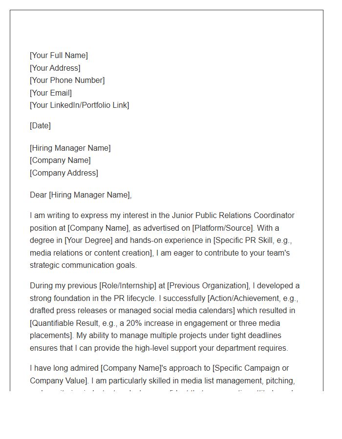 Junior Public Relations Coordinator Cover Letter Template