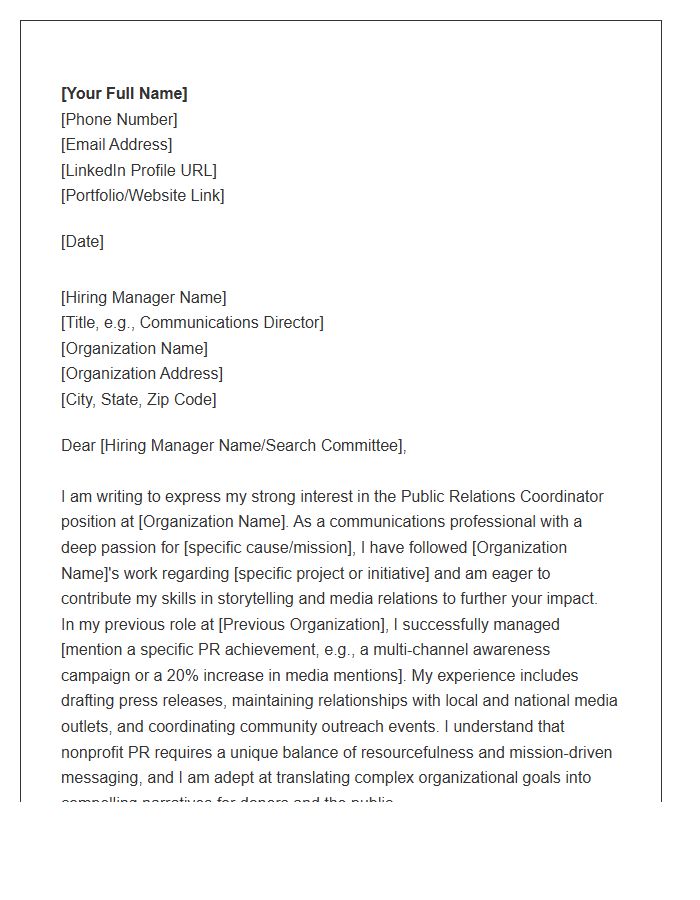 Nonprofit Public Relations Coordinator Cover Letter Template