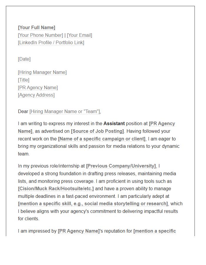 Public Relations Agency Assistant Cover Letter Template