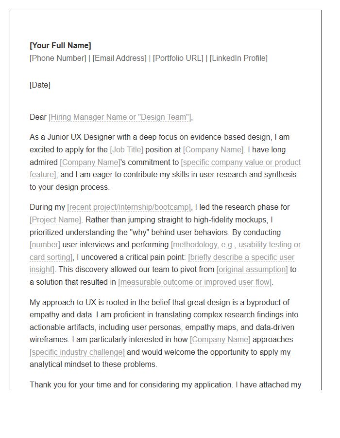 Junior UX Designer Cover Letter Template Emphasizing User Research