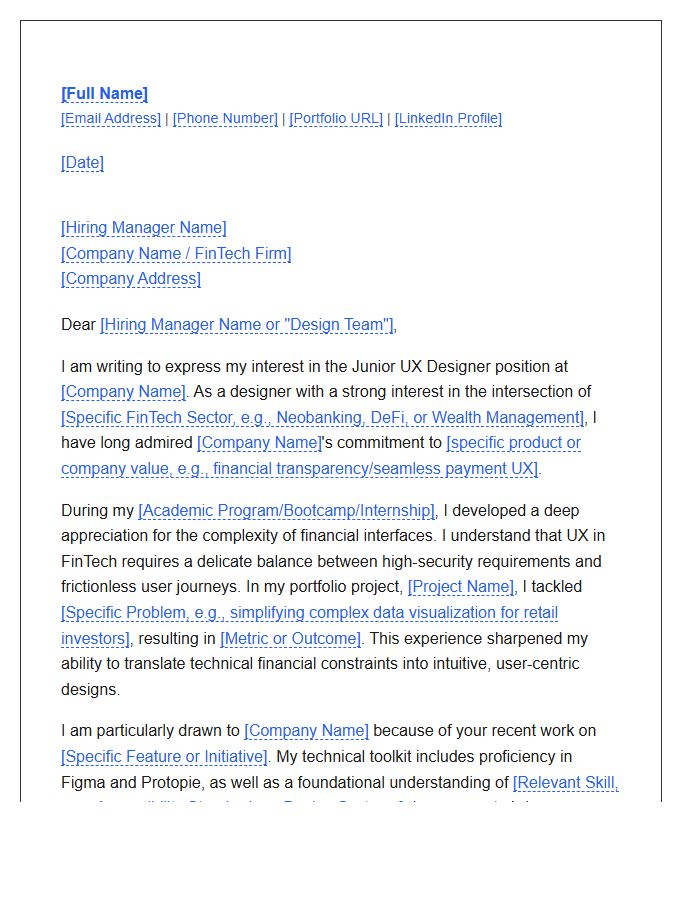 Junior UX Designer Cover Letter Template For FinTech Careers