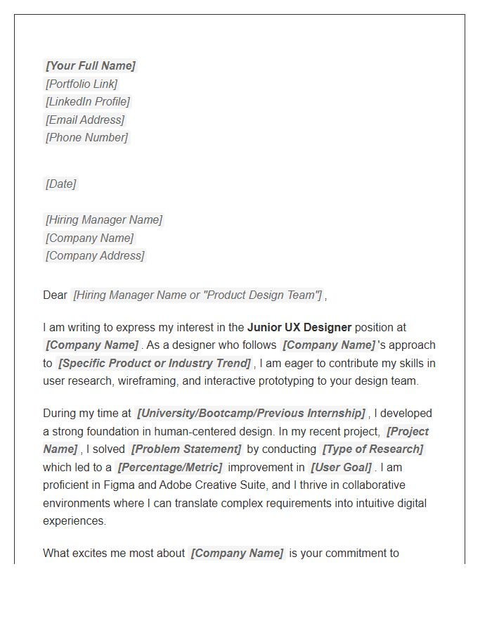 Junior UX Designer Cover Letter Template For Product Design Roles