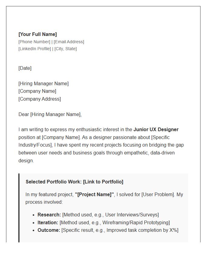 Junior UX Designer Cover Letter Template Highlighting Portfolio