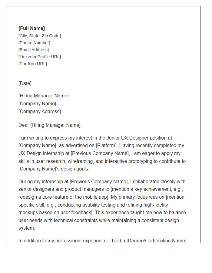 Junior UX Designer Cover Letter Template With Internship Experience