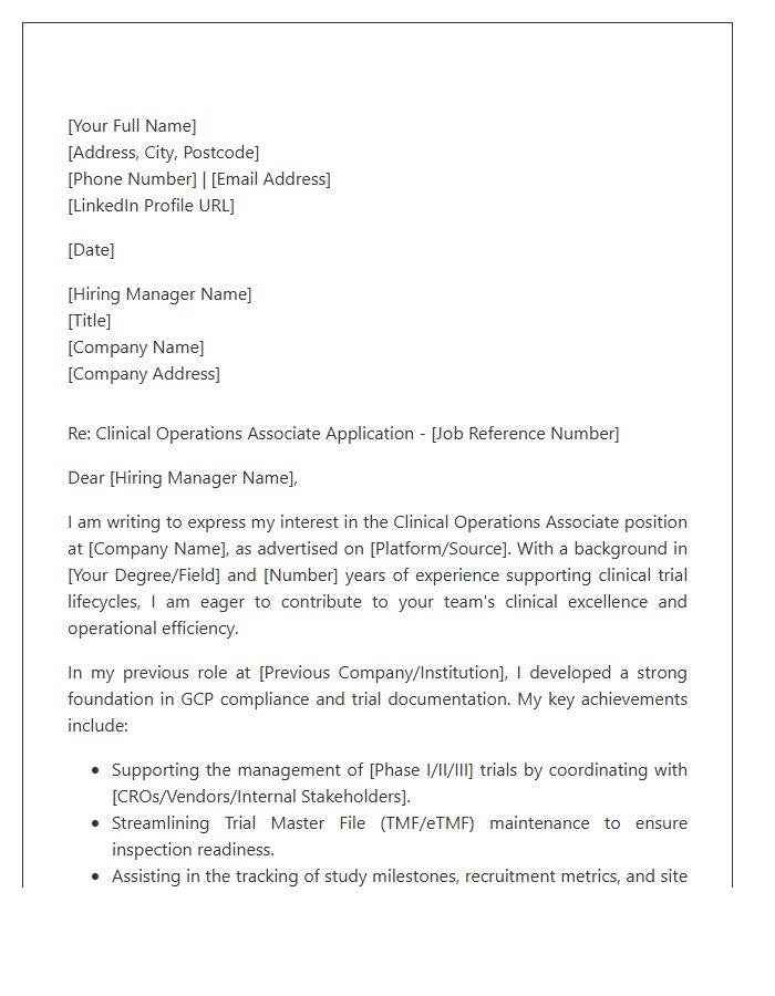 Clinical Operations Associate Cover Letter Template