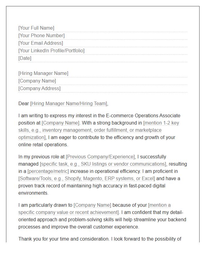 E-commerce Operations Associate Cover Letter Template