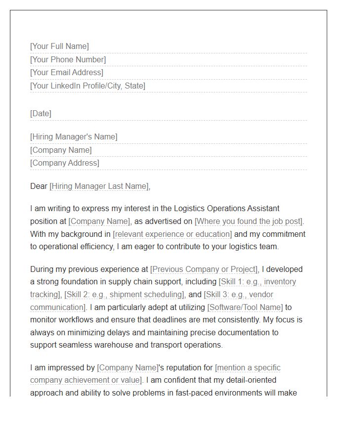 Logistics Operations Assistant Cover Letter Template