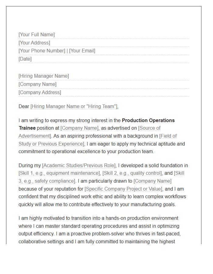 Production Operations Trainee Cover Letter Template