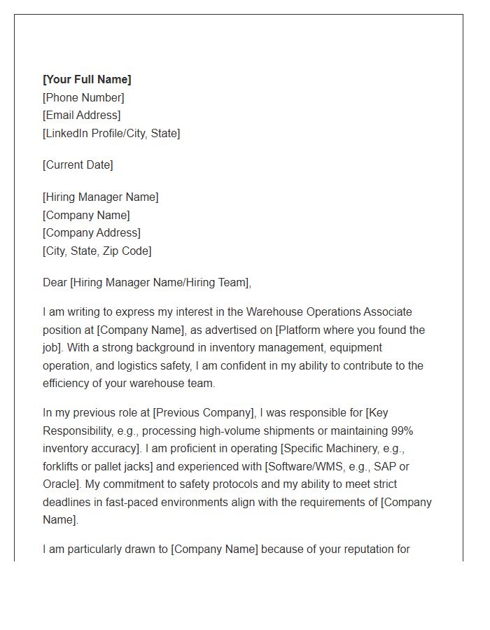 Warehouse Operations Associate Cover Letter Template