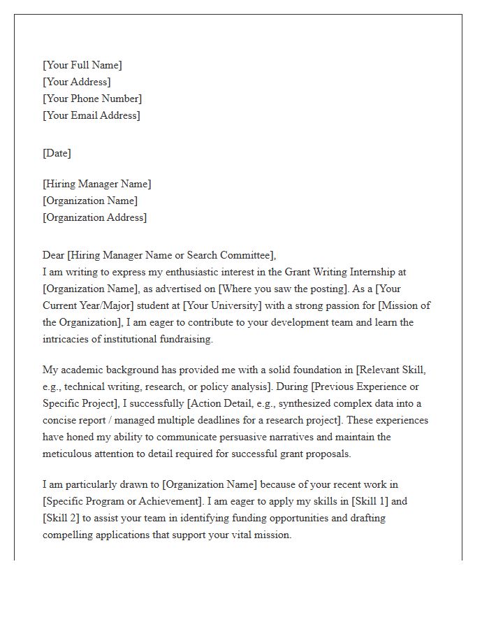 Grant Writing Internship Cover Letter Template