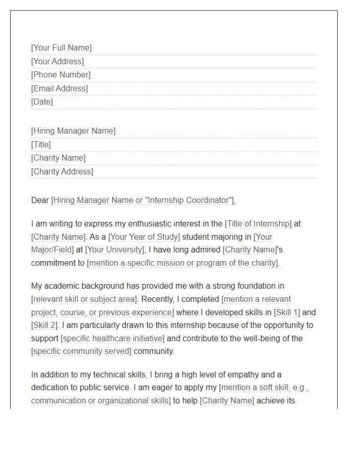 Healthcare Charity Internship Cover Letter Template