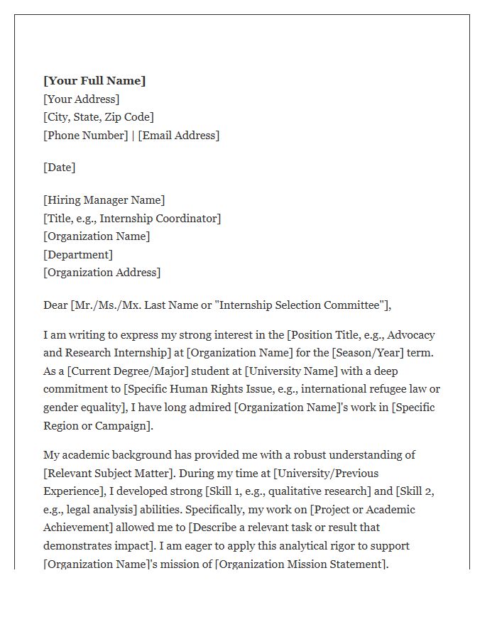 Human Rights Organization Internship Cover Letter Template
