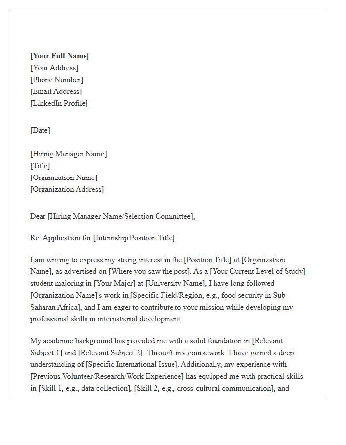 International Aid Internship Cover Letter Template