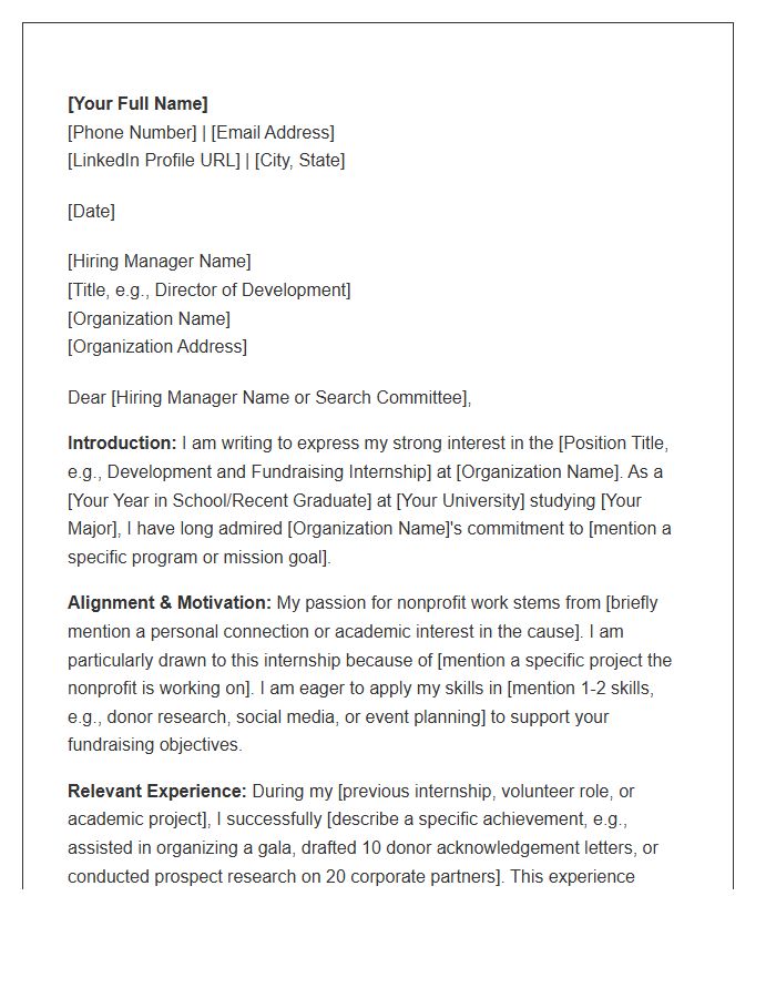 Nonprofit Development Fundraising Internship Cover Letter Template