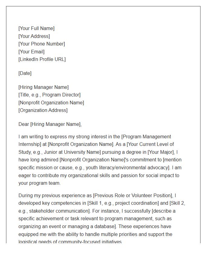 Nonprofit Program Management Internship Cover Letter Template