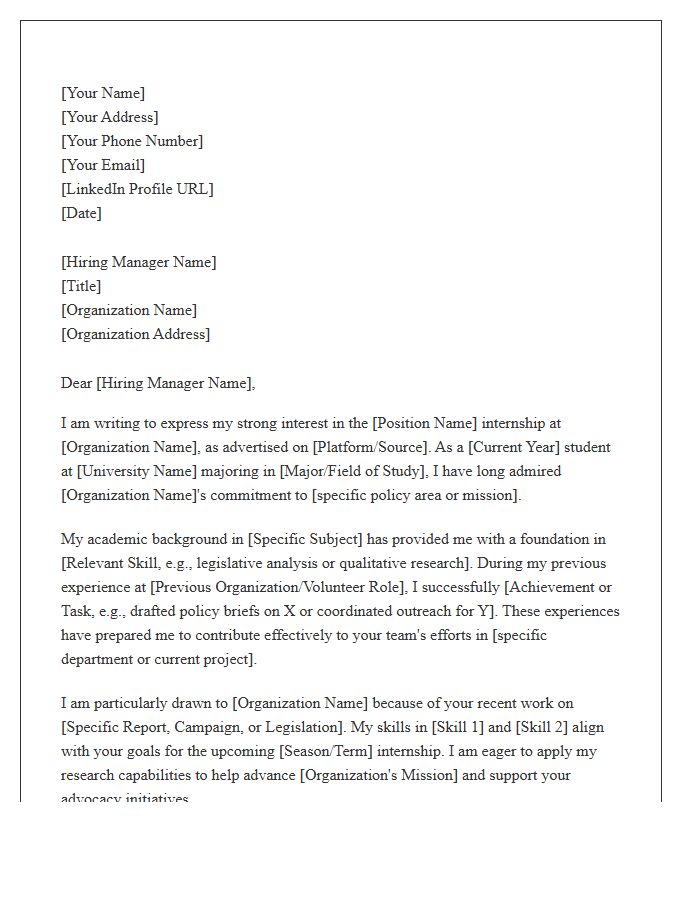 Nonprofit Public Policy Internship Cover Letter Template