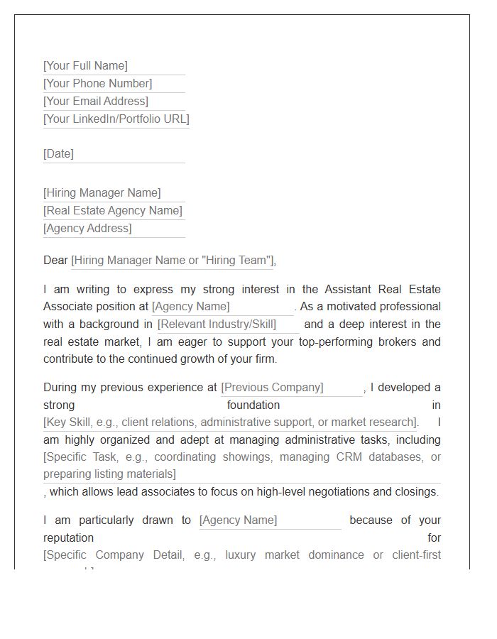 Assistant Real Estate Associate Cover Letter Template