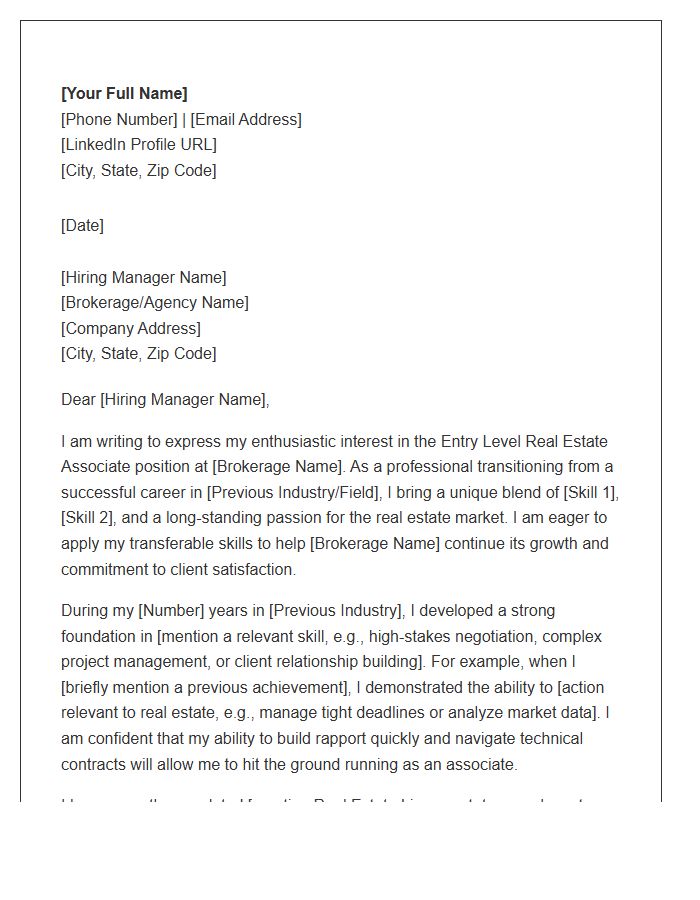 Career Changer Entry Level Real Estate Associate Cover Letter Template