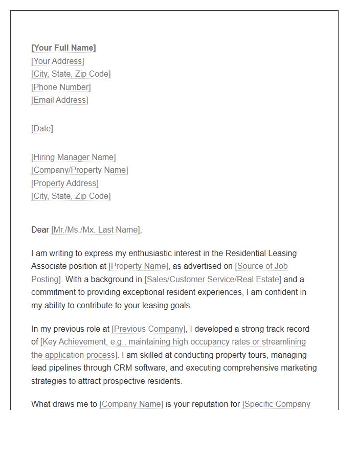 Residential Leasing Associate Cover Letter Template