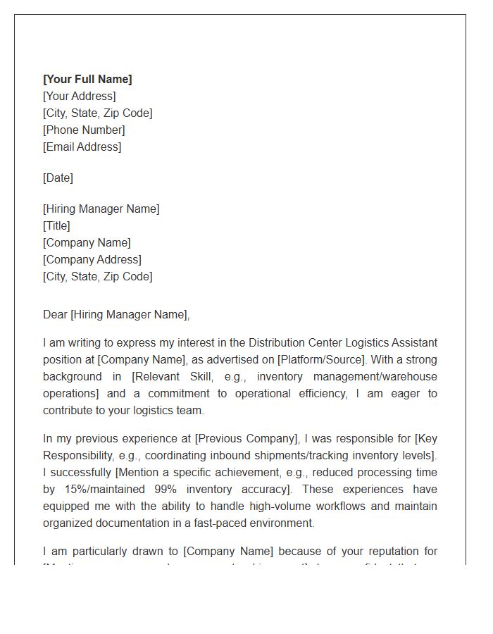 Distribution Center Logistics Assistant Cover Letter Template