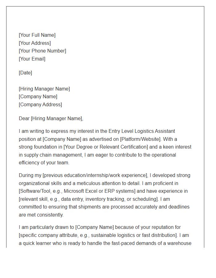 Entry Level Logistics Assistant Cover Letter Template