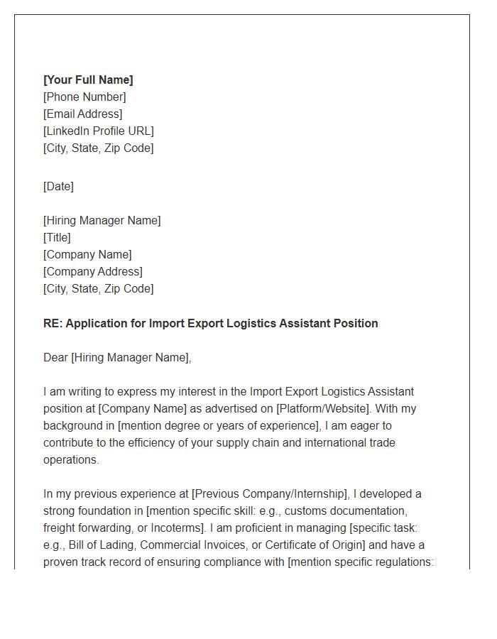 Import Export Logistics Assistant Cover Letter Template