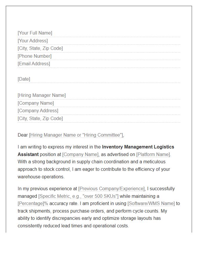 Inventory Management Logistics Assistant Cover Letter Template