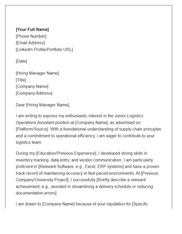 Junior Logistics Operations Assistant Cover Letter Template