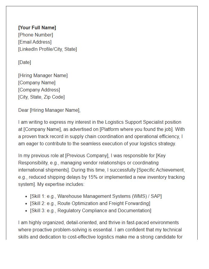 Logistics Support Specialist Cover Letter Template