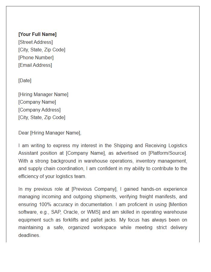Shipping And Receiving Logistics Assistant Cover Letter Template