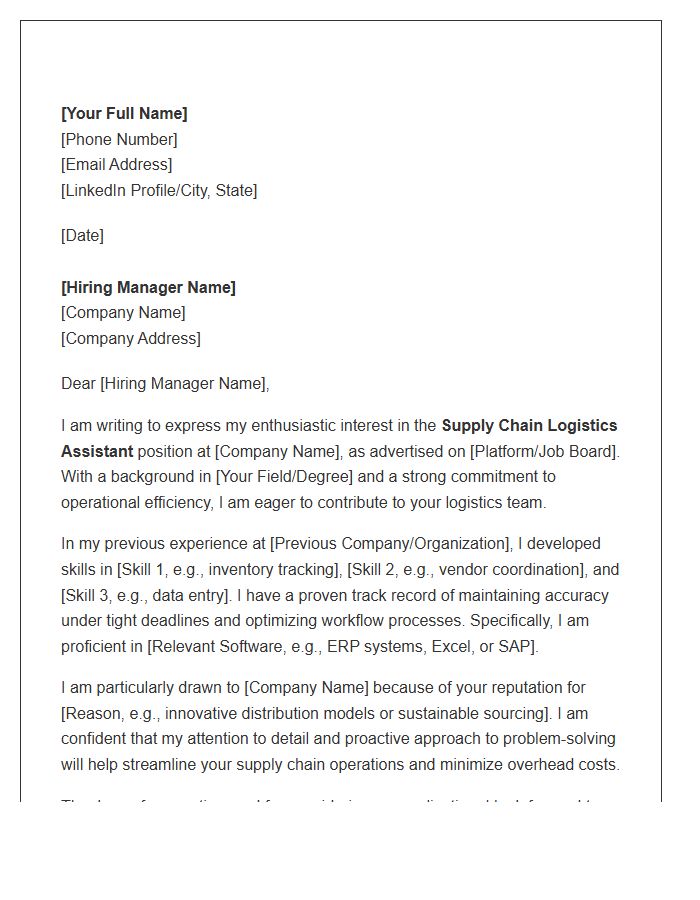 Supply Chain Logistics Assistant Cover Letter Template