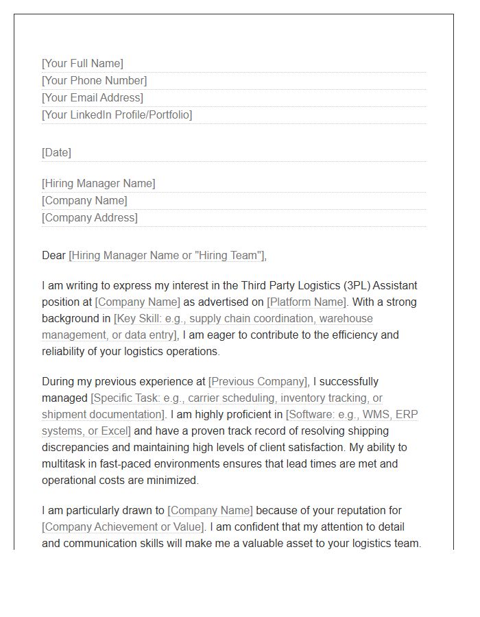 Third Party Logistics Assistant Cover Letter Template