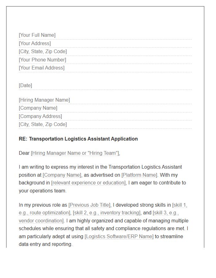 Transportation Logistics Assistant Cover Letter Template