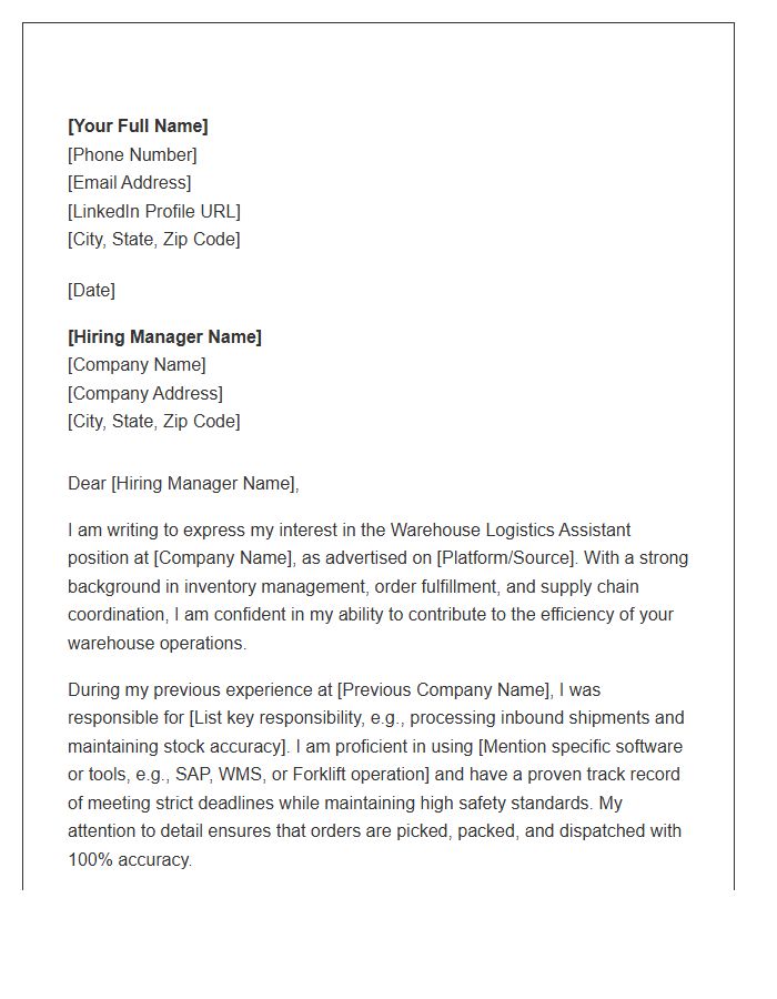 Warehouse Logistics Assistant Cover Letter Template