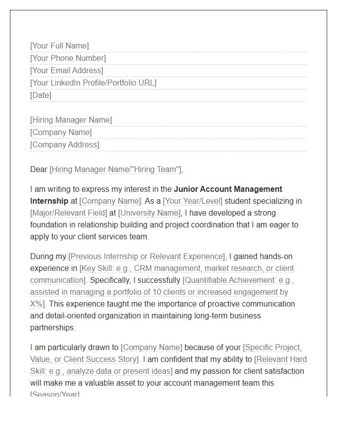 Junior Account Management Internship Cover Letter Template