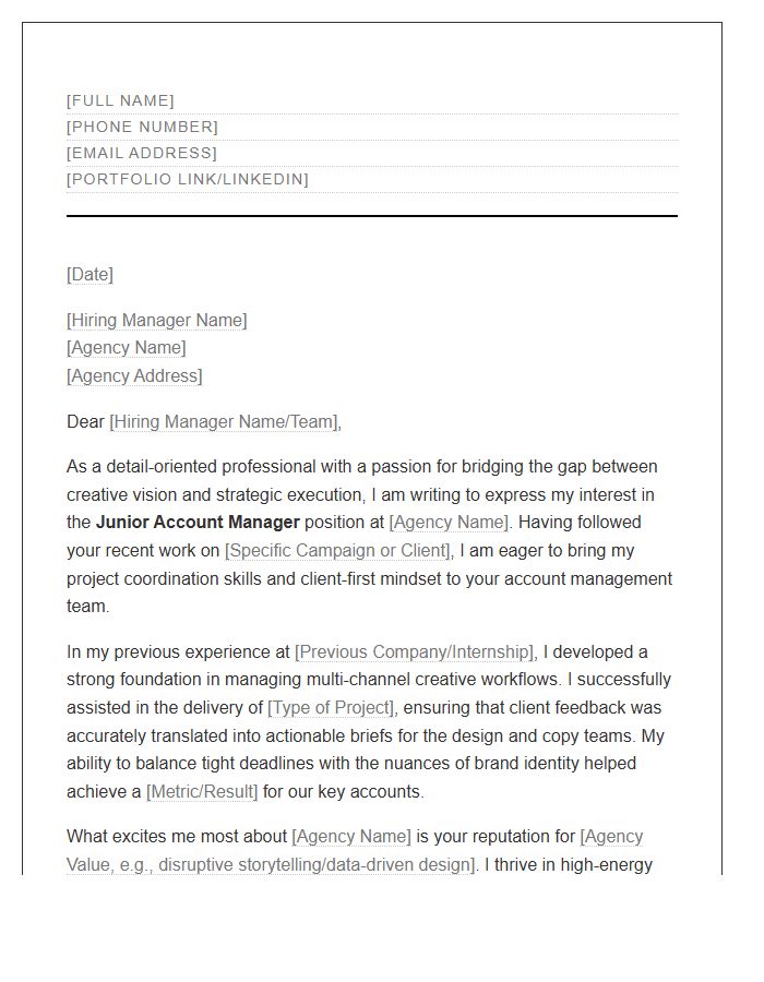 Junior Creative Agency Account Manager Cover Letter Template