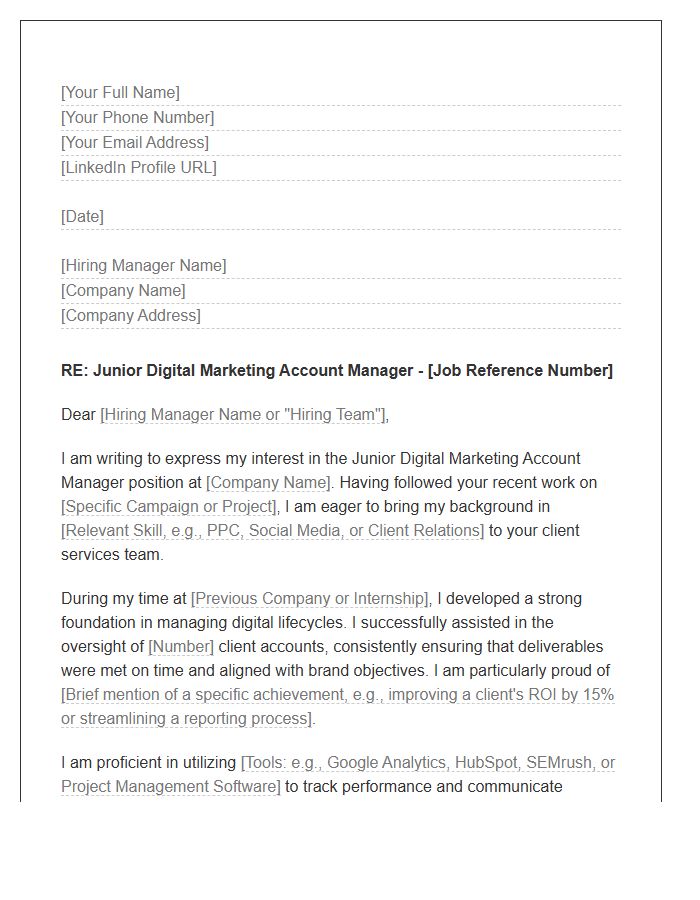 Junior Digital Marketing Account Manager Cover Letter Template