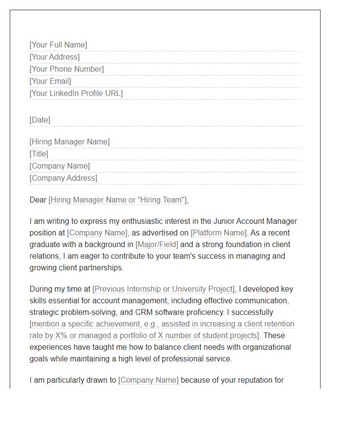 Junior Entry Level Account Manager Cover Letter Template