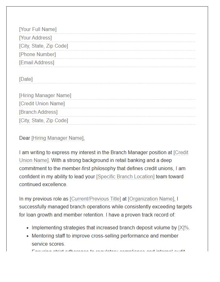 Credit Union Branch Manager Cover Letter Template