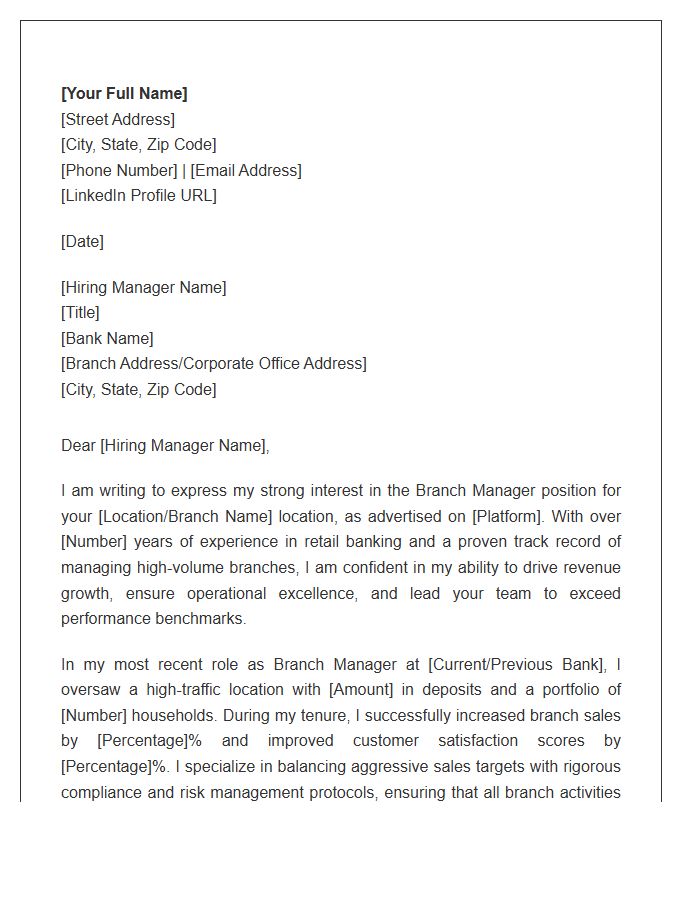 High Volume Bank Branch Manager Cover Letter Template