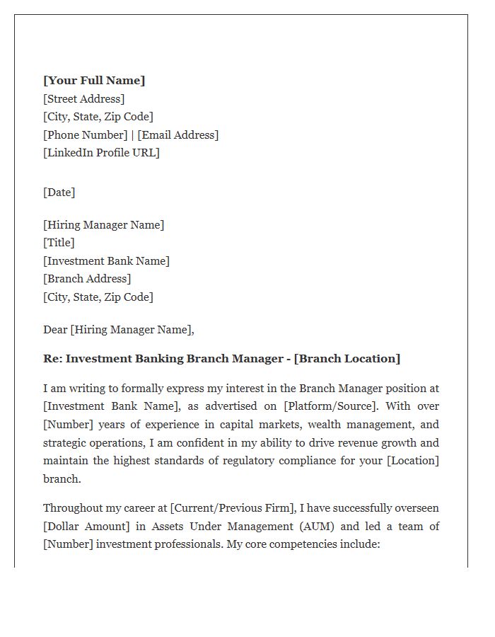 Investment Banking Branch Manager Cover Letter Template