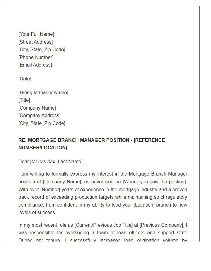 Mortgage Branch Manager Cover Letter Template