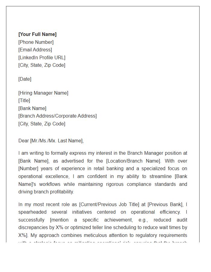 Operations Focused Bank Branch Manager Cover Letter Template